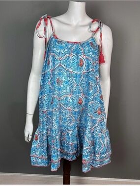 Blue Printed Tie-Shoulder Summer Dress